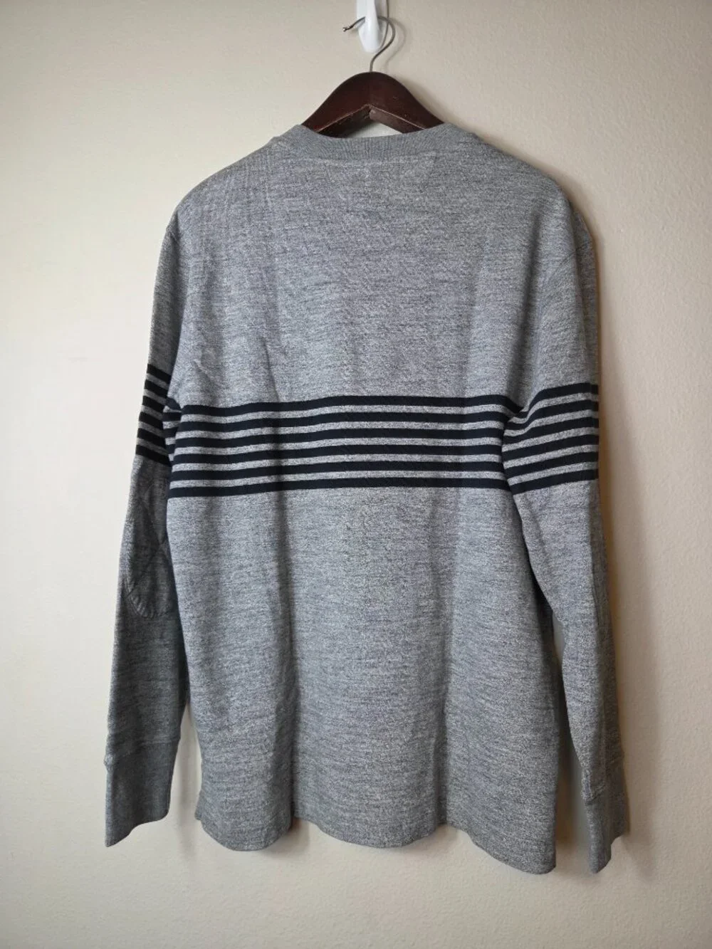 J. Crew Men's 100% Cotton Sweater L Gray Black Stripe Crew Neck Elbow Patch
